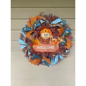 Adorable Fall Scarecrow Orange & Teal Blue Welcome Wreath Front Door Hanger